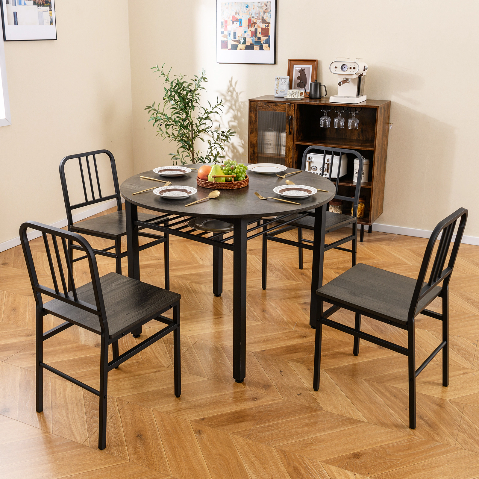 SUGIFT Gray 5-Piece Round Dining Set for 4, 40-Inch Table with Storage Shelf and Metal Chairs