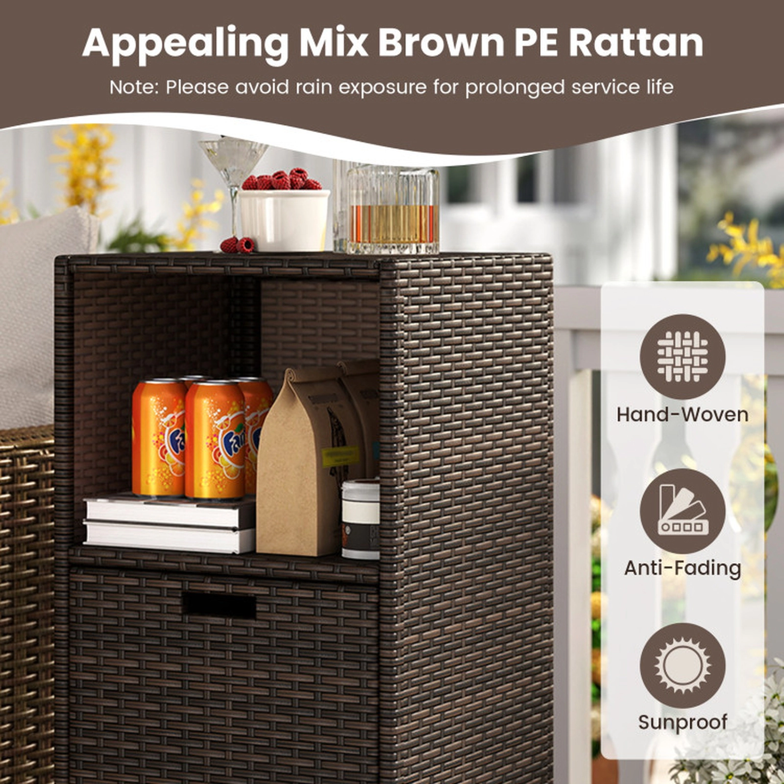 SUGIFT 3-Shelf PE Rattan Removable Drawer Outdoor Patio Storage Cabinet 19.5-in x 19.8-in x 43-in 80-lb Shelf Brown
