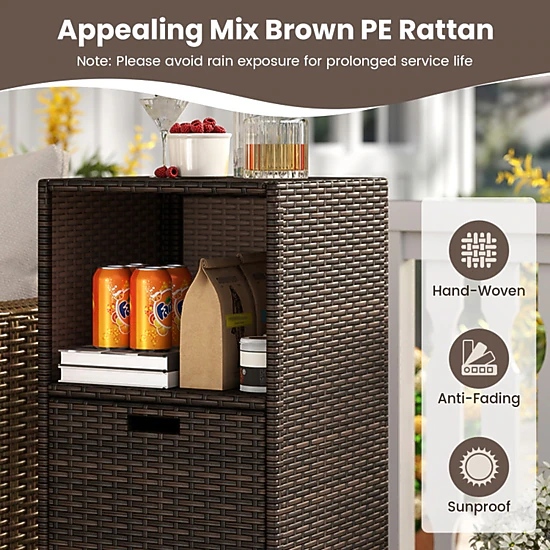 SUGIFT 3-Shelf PE Rattan Removable Drawer Outdoor Patio Storage Cabinet 19.5-in x 19.8-in x 43-in 80-lb Shelf Brown