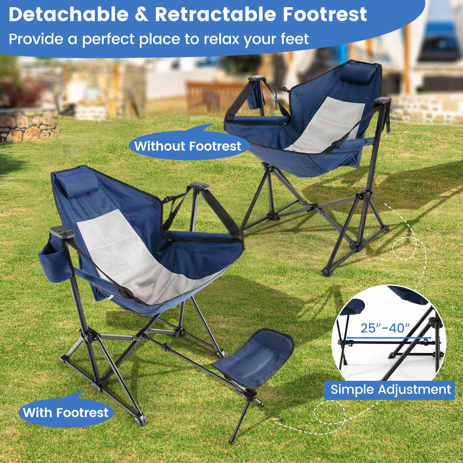 SUGIFT 330-lb Capacity Folding Hammock Camping Chair with Retractable Footrest Head Pillow and Carrying Bag