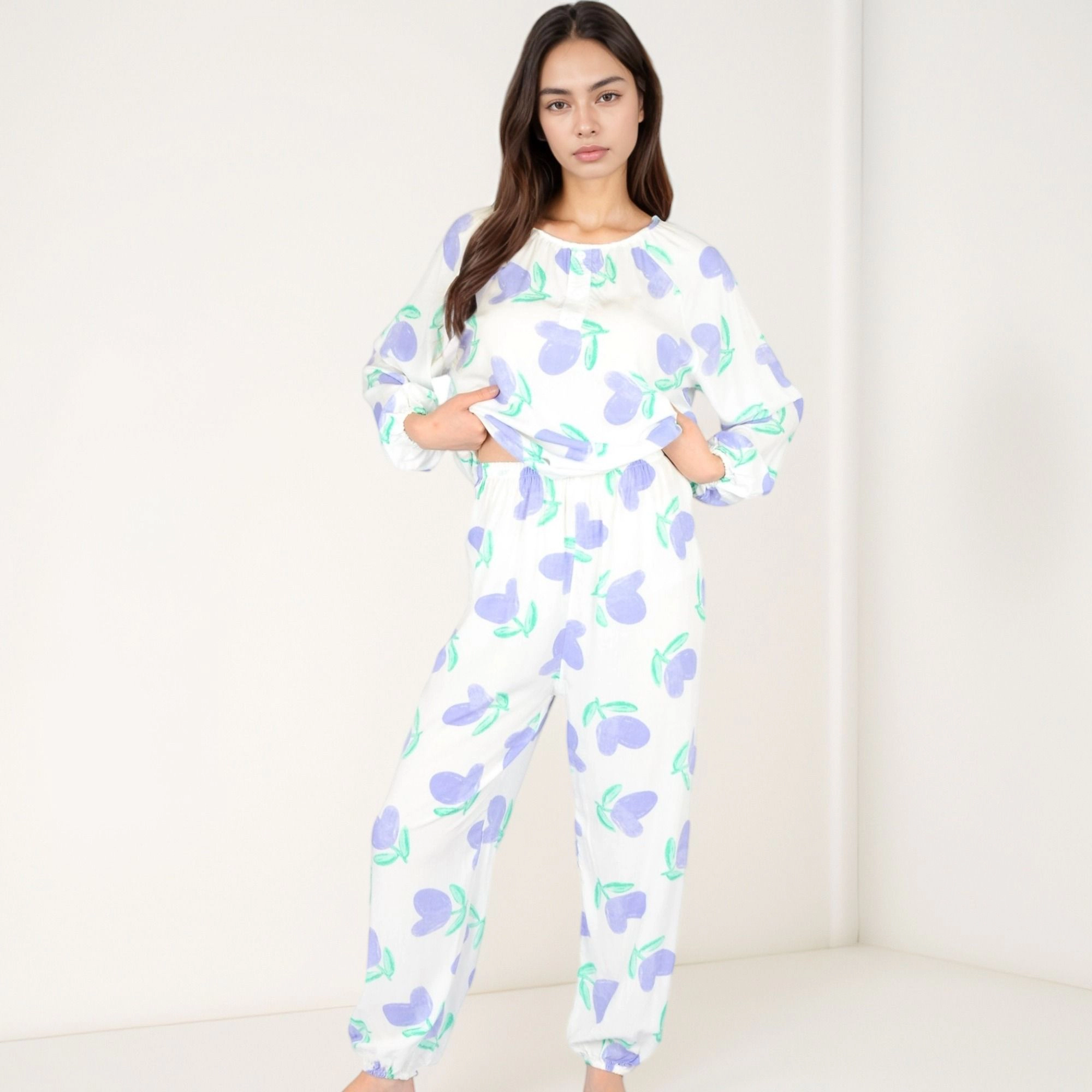 Anna-Kaci Women's Blue Fruit Print Long Sleeve Pajama Set with Elastic Cuffs and Relaxed Fit Pullover Top