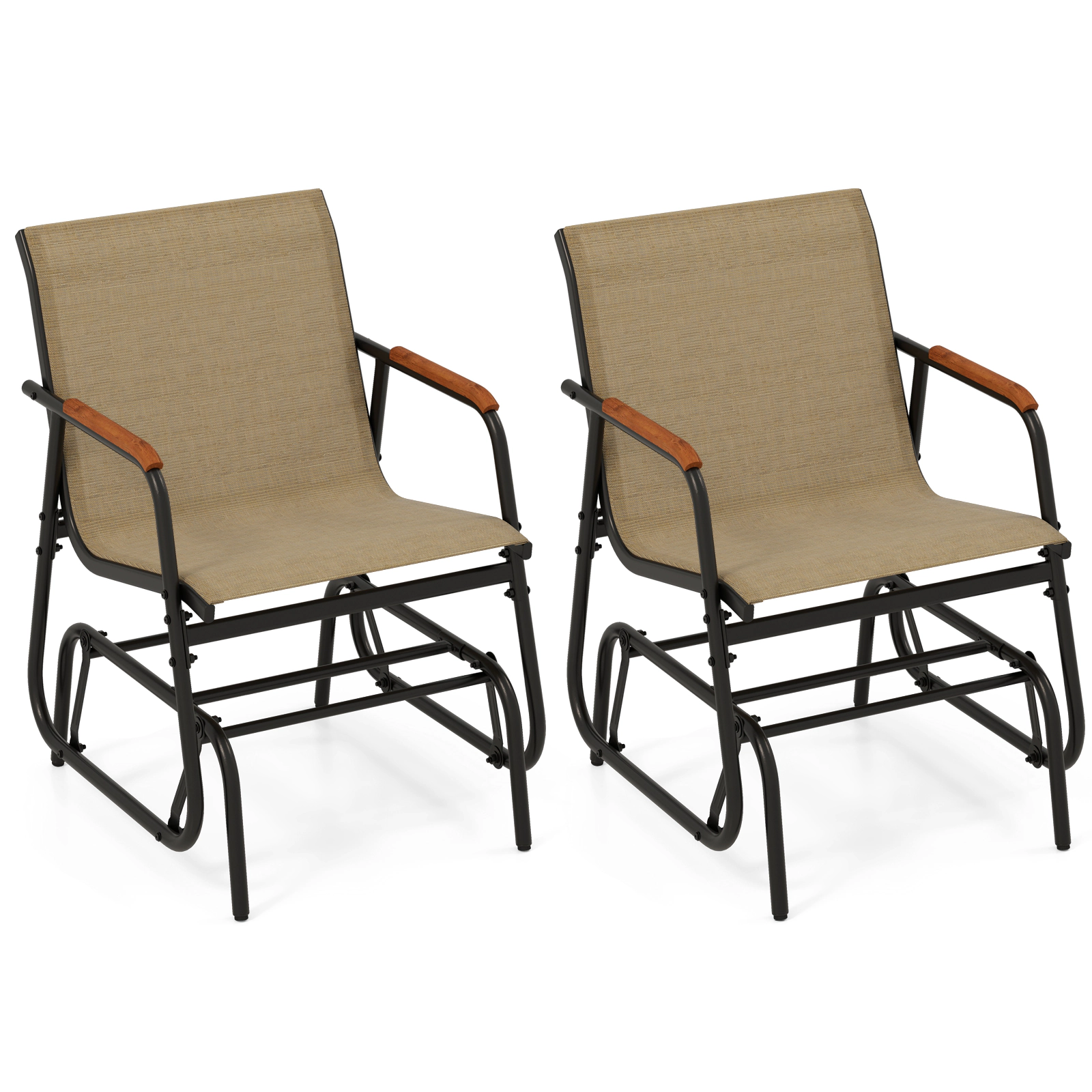 LJG Patio Glider Chair Set of 2 with Curved Teak Armrests and Breathable Fabric Seat