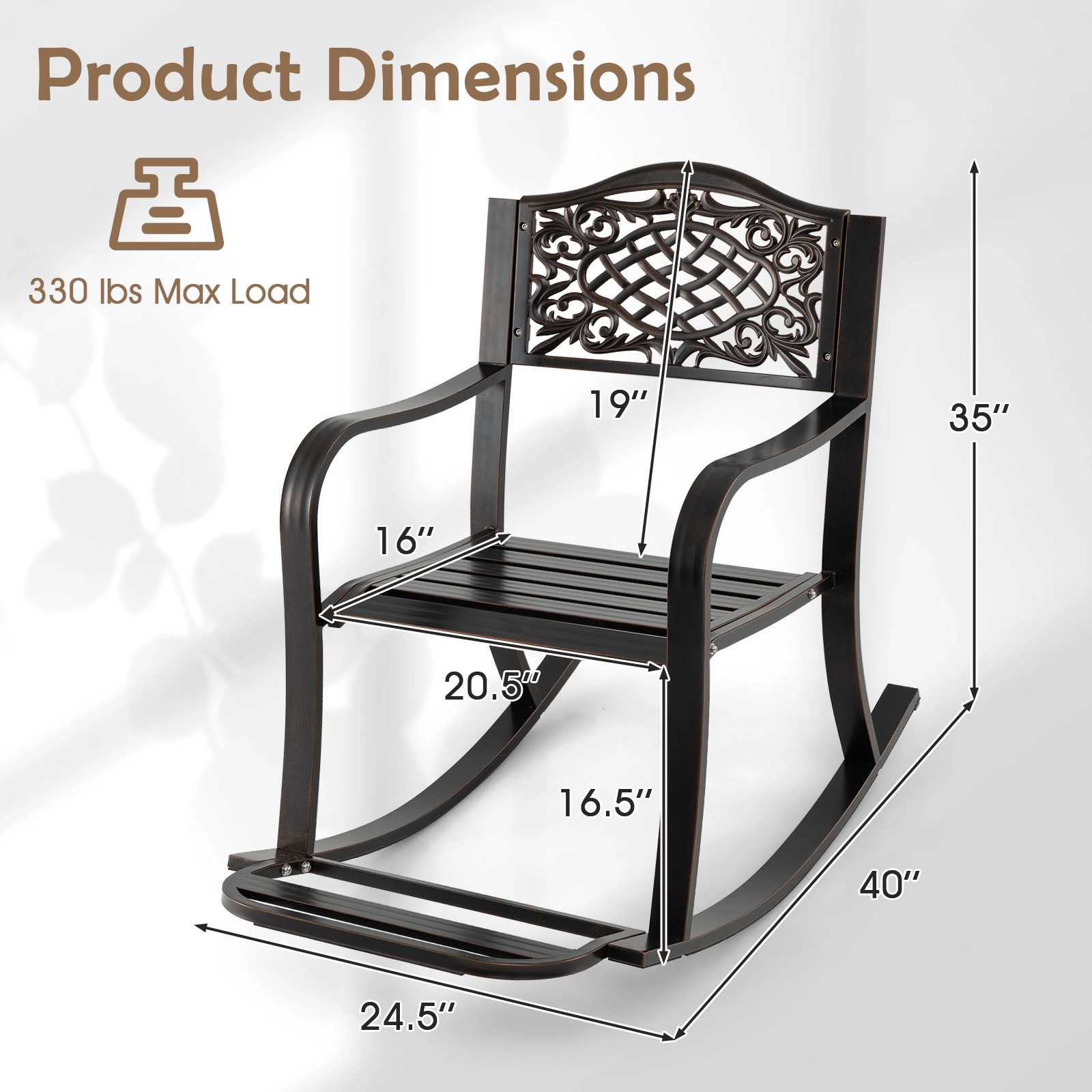 SUGIFT Cast Aluminum Patio Rocking Chair with Footrest and Curved Armrests 330-Lb Capacity 40-in Frame Antique Brown