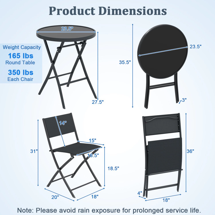 Hivvago 3 Piece Outdoor Folding Patio Bistro Set With Tempered Glass Coffee Table And 2 Patio Chairs