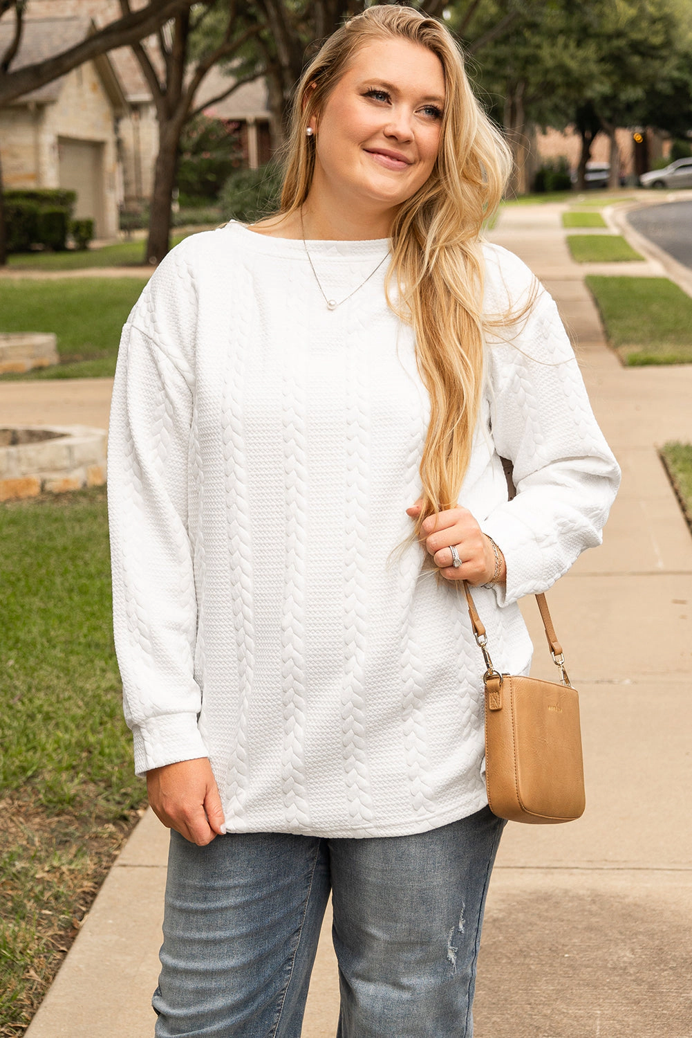 Threaded Pear Women's White Cable Textured Loose Plus Sweatshirt