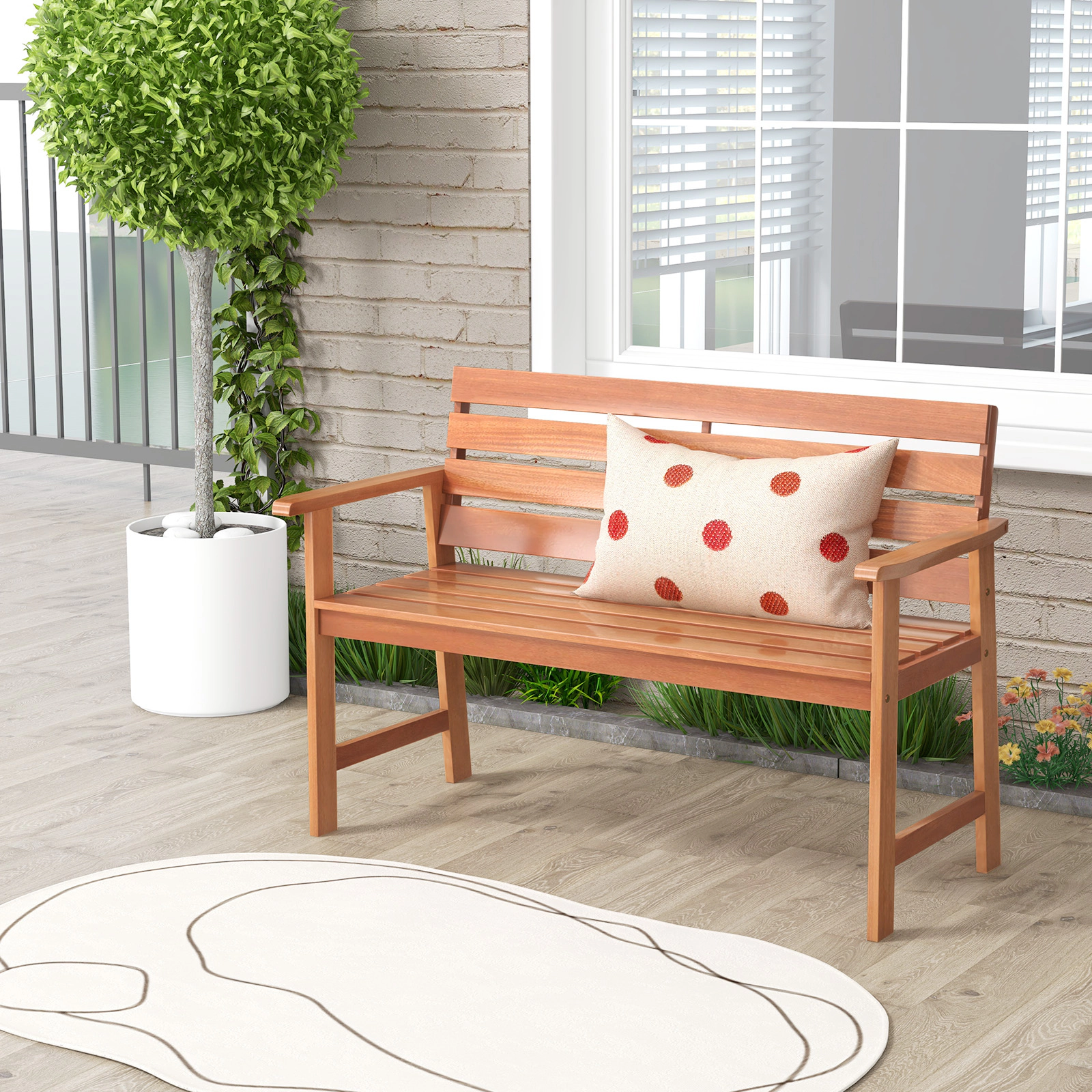 SUGIFT 48-In Solid Wood Outdoor Bench, 2-Seat, Natural, 400-Lb Capacity, Inclined Backrest