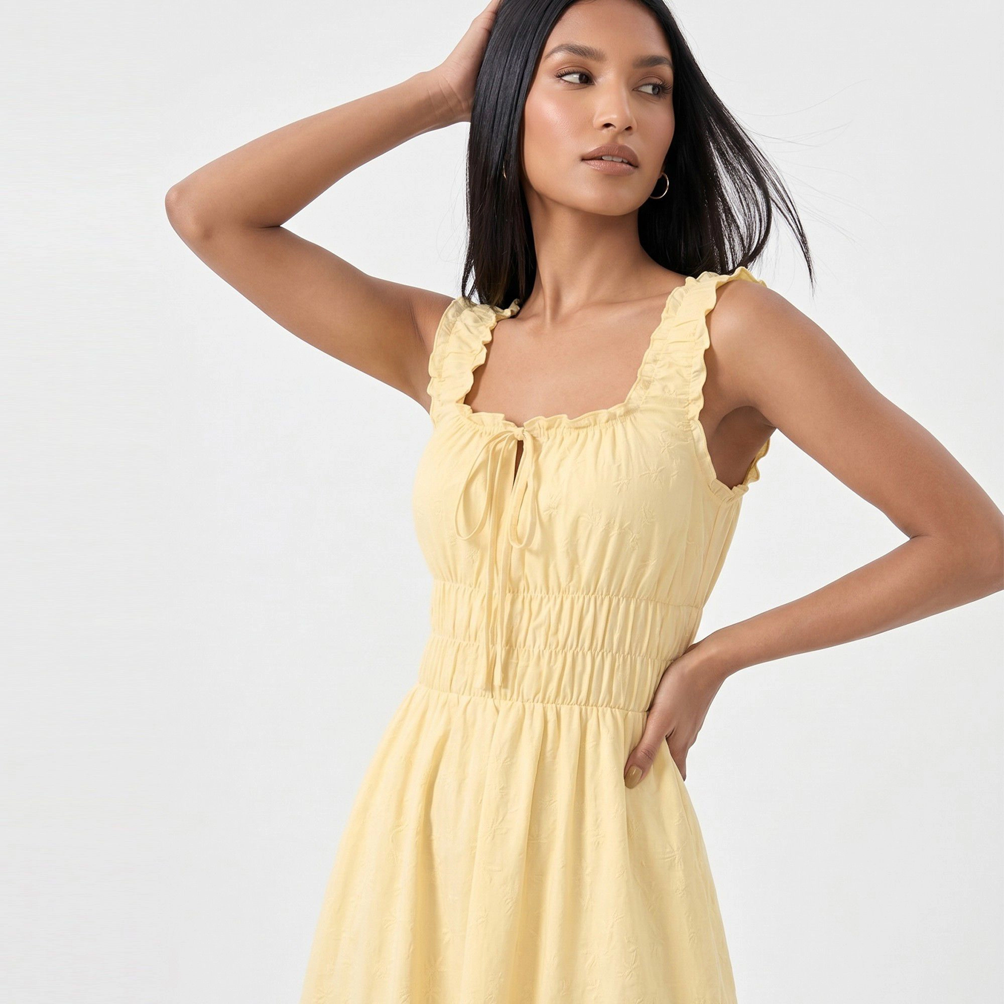 Anna-Kaci Women's Smocked Ruffle Straps Tie Front Neckline Maxi Dress