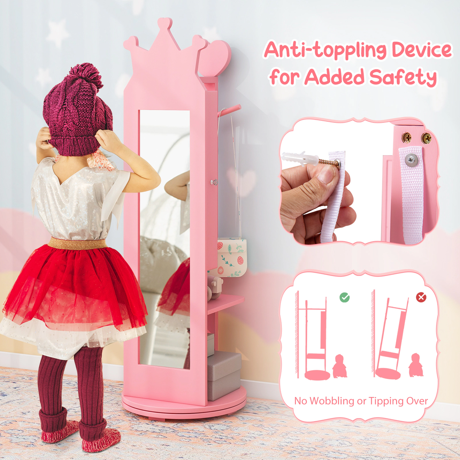 SUGIFT Princess Vanity Table and Stool with Jewelry Cabinet and Full-Length Mirror 110-Lb Capacity Ages 3+ Pink/White
