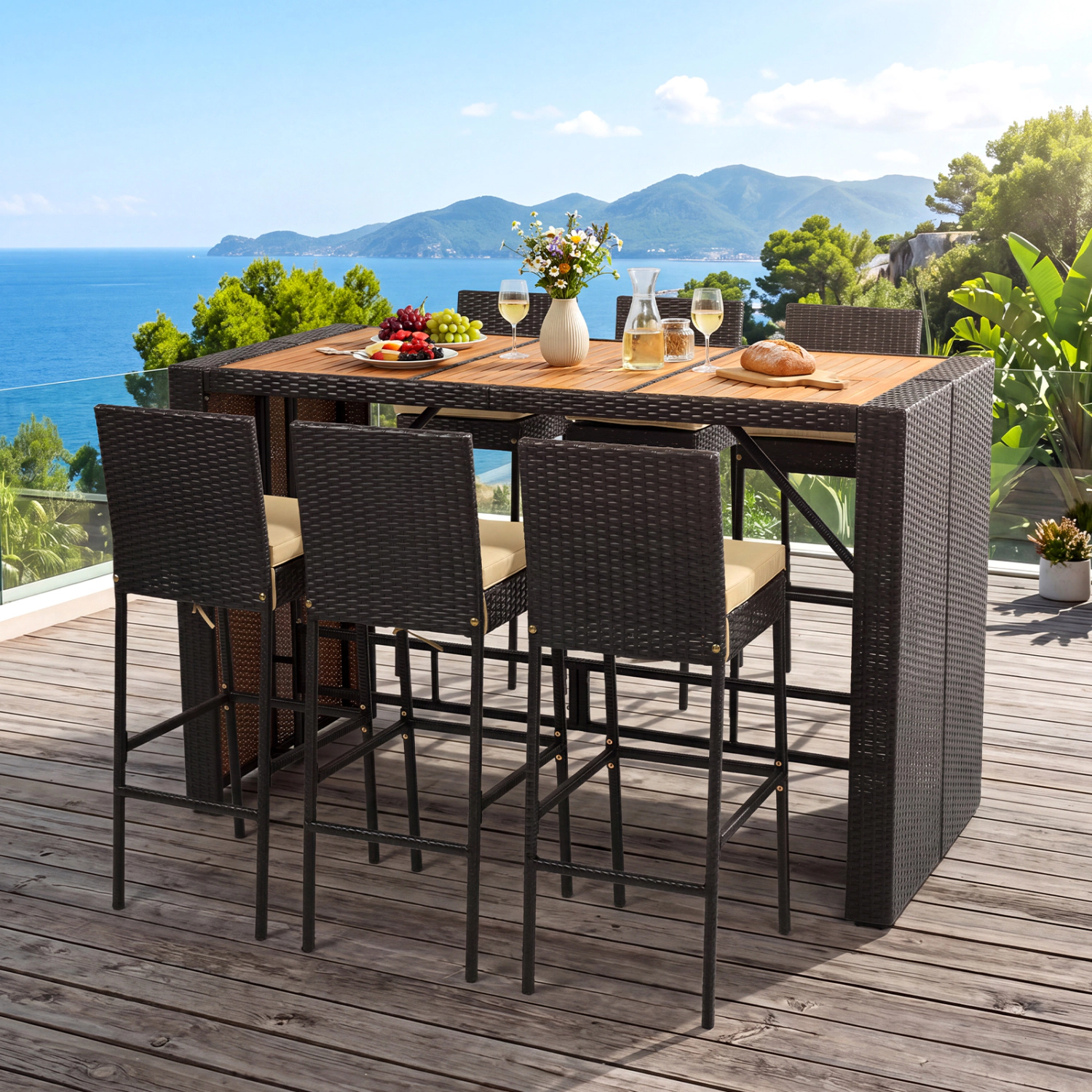LJG 7-Piece Outdoor PE Wicker Bar Set with Bar Height Table and 6 Cushioned Stools for Yard
