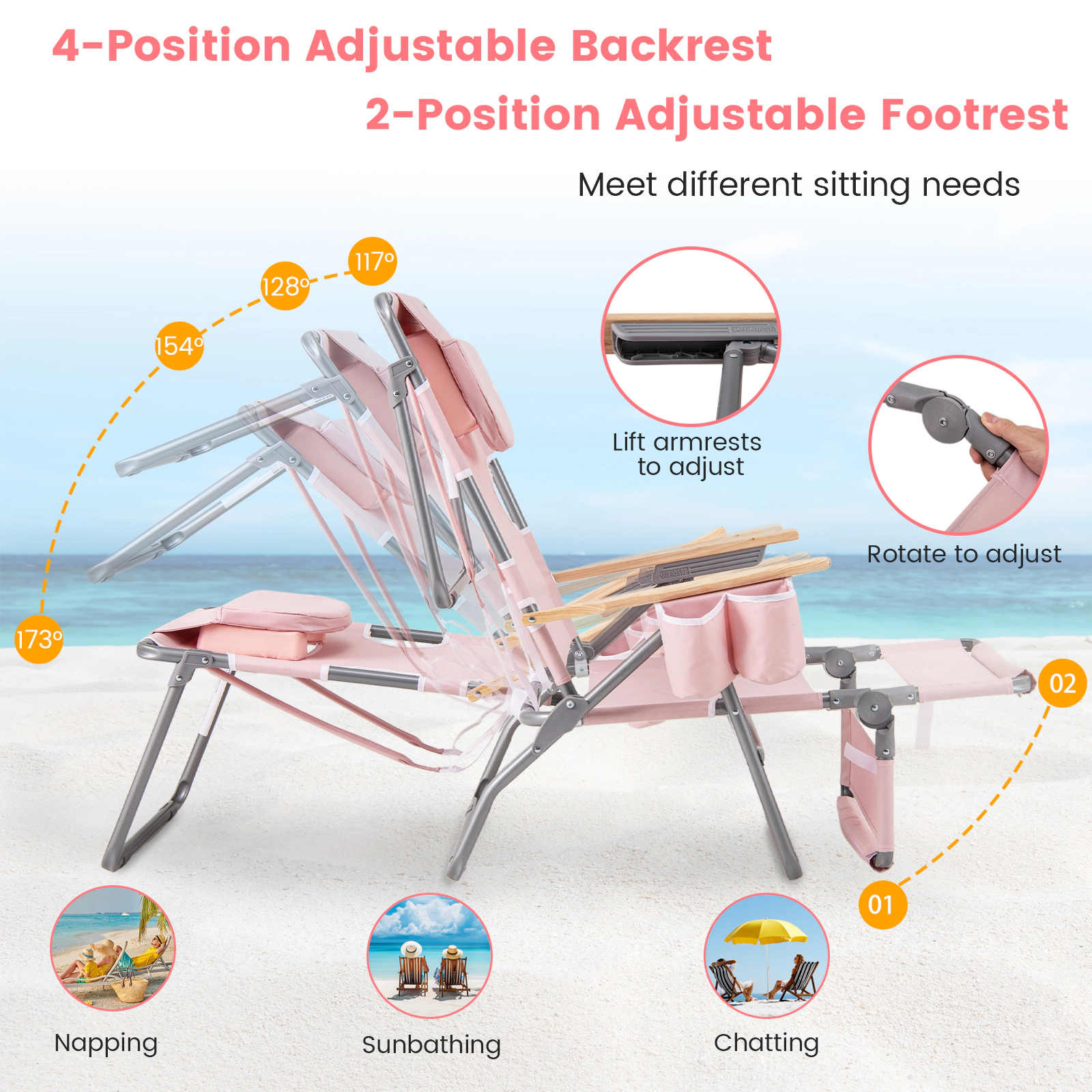 SUGIFT Pink 3-in-1 Folding Beach Chair with Footrest, Reclining Backrest and Face Hole
