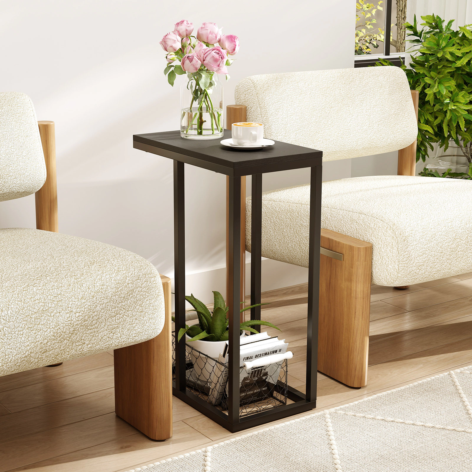 Slickblue Narrow C End Table with Wood Grain Top for Living Room Bedroom