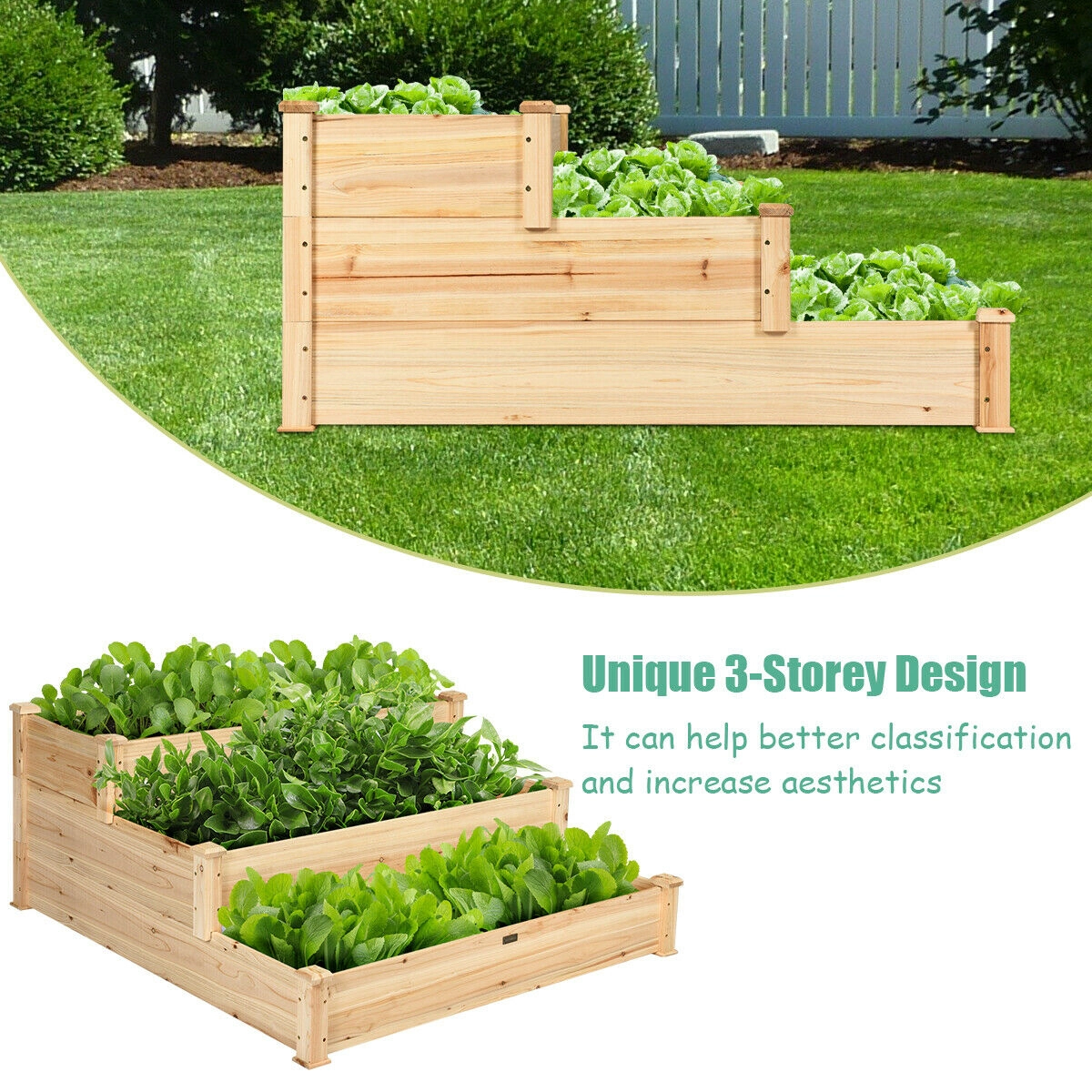 SUGIFT 3-Tier Natural Wood Elevated Vegetable Garden Bed with Open-Ended Base 47-in W 47-in D 22-in H