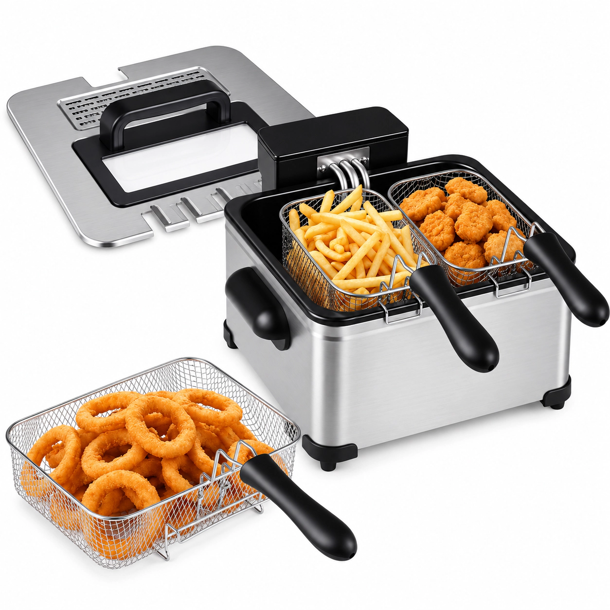 SUGIFT Silver Electric Deep Fryer with 3 Baskets LED Touch Screen and 6 Presets 5.3-Qt 1700W 13.5-in W 14-in D