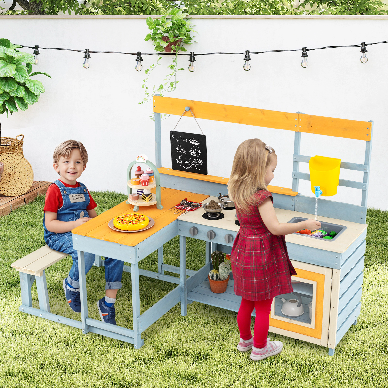 LJG Fir Wood Play Kitchen with Kids Picnic Table and Built-in Bench