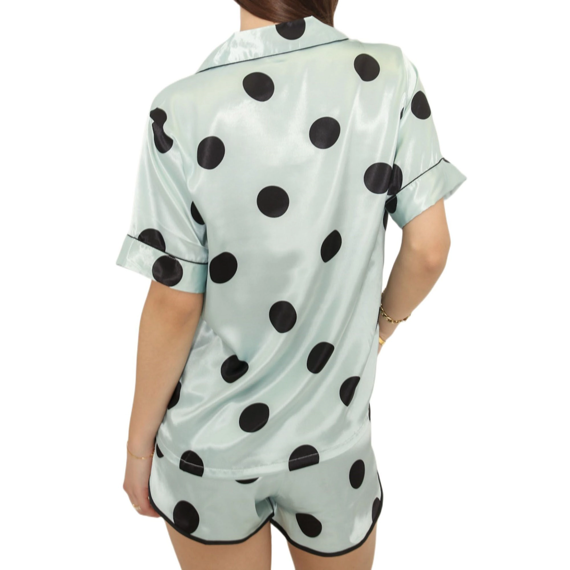Anna-Kaci Women's Polka Dot Satin Pajama Set with Short Sleeve Button Top and Drawstring Shorts