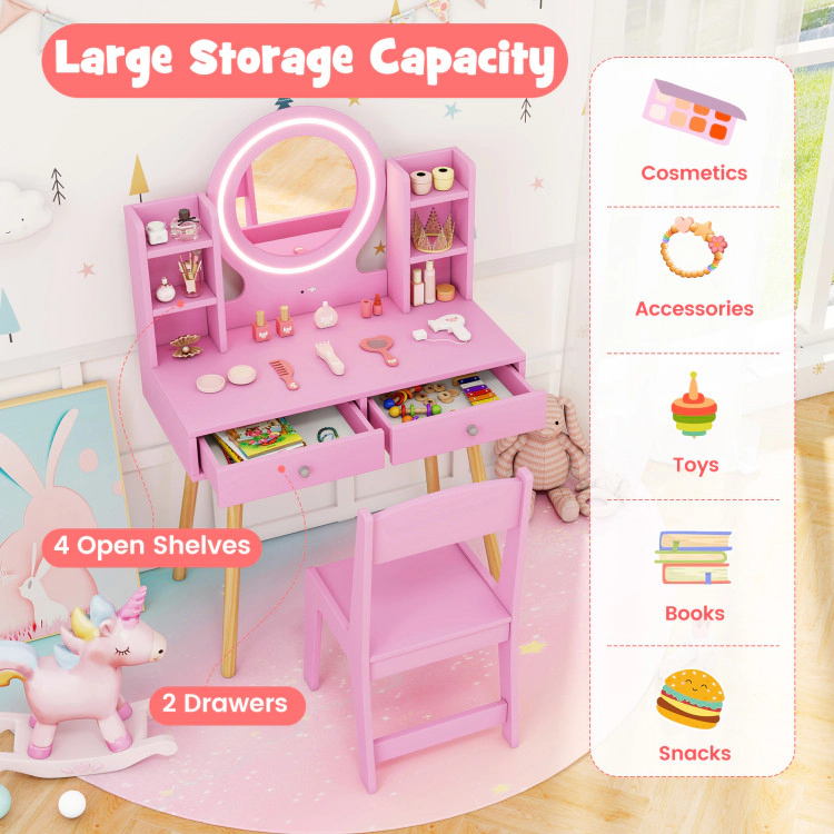 Hivvago Kids Vanity Set With Lighted Mirror And Storage Drawers