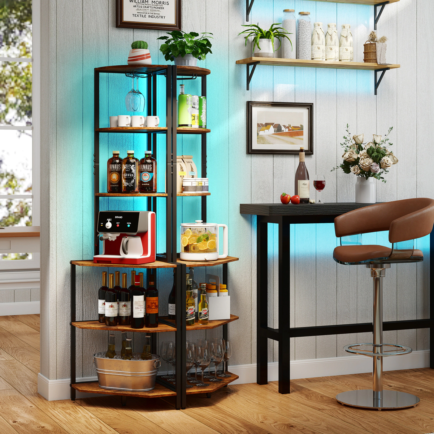 LJG 65 Inch 6-Tier Corner Shelf with Charging Station and Ambience Light