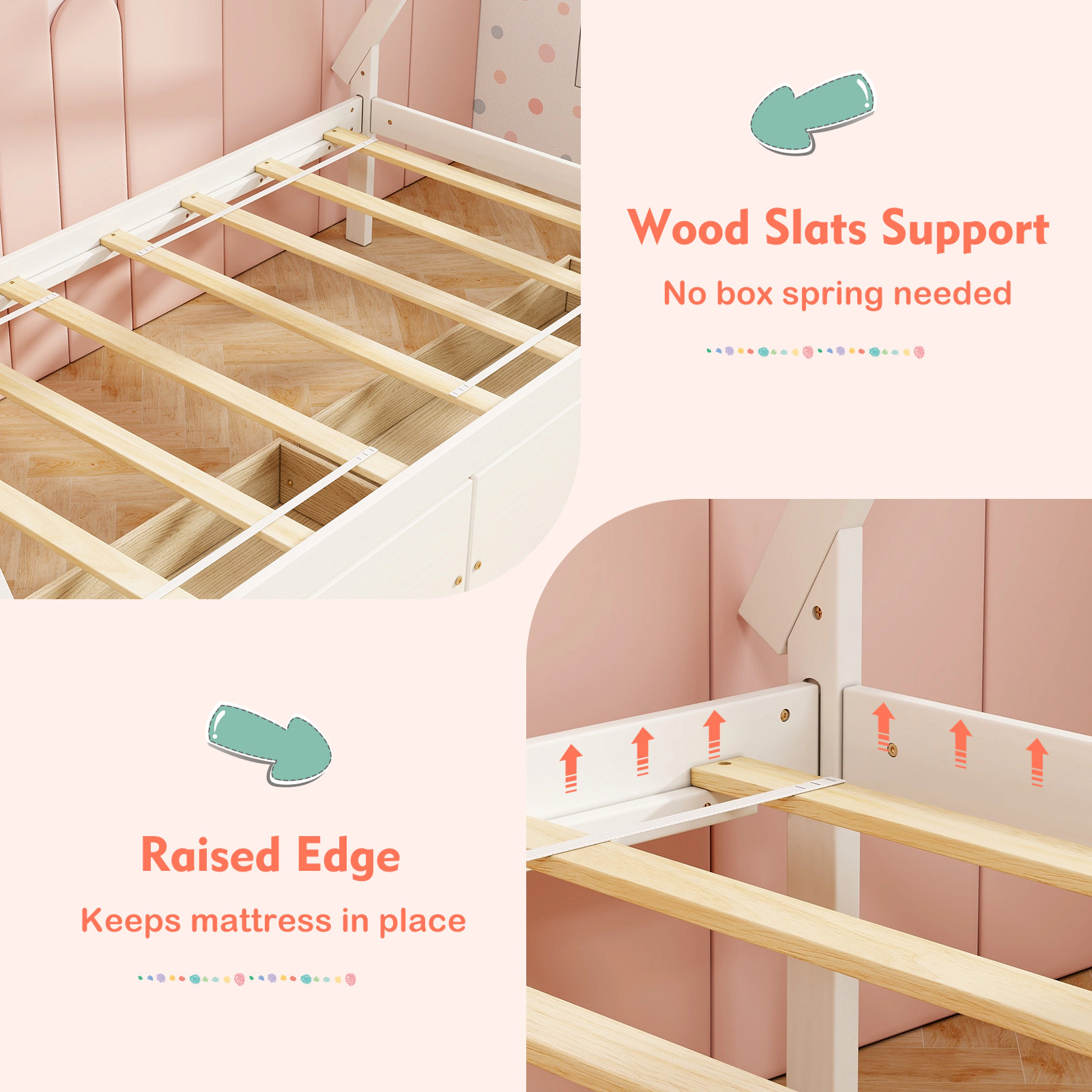 SUGIFT Kids Twin Size 200-lb Bed Capacity Wooden House Bed Frame with Tent Roof and 2 Rolling Drawers White