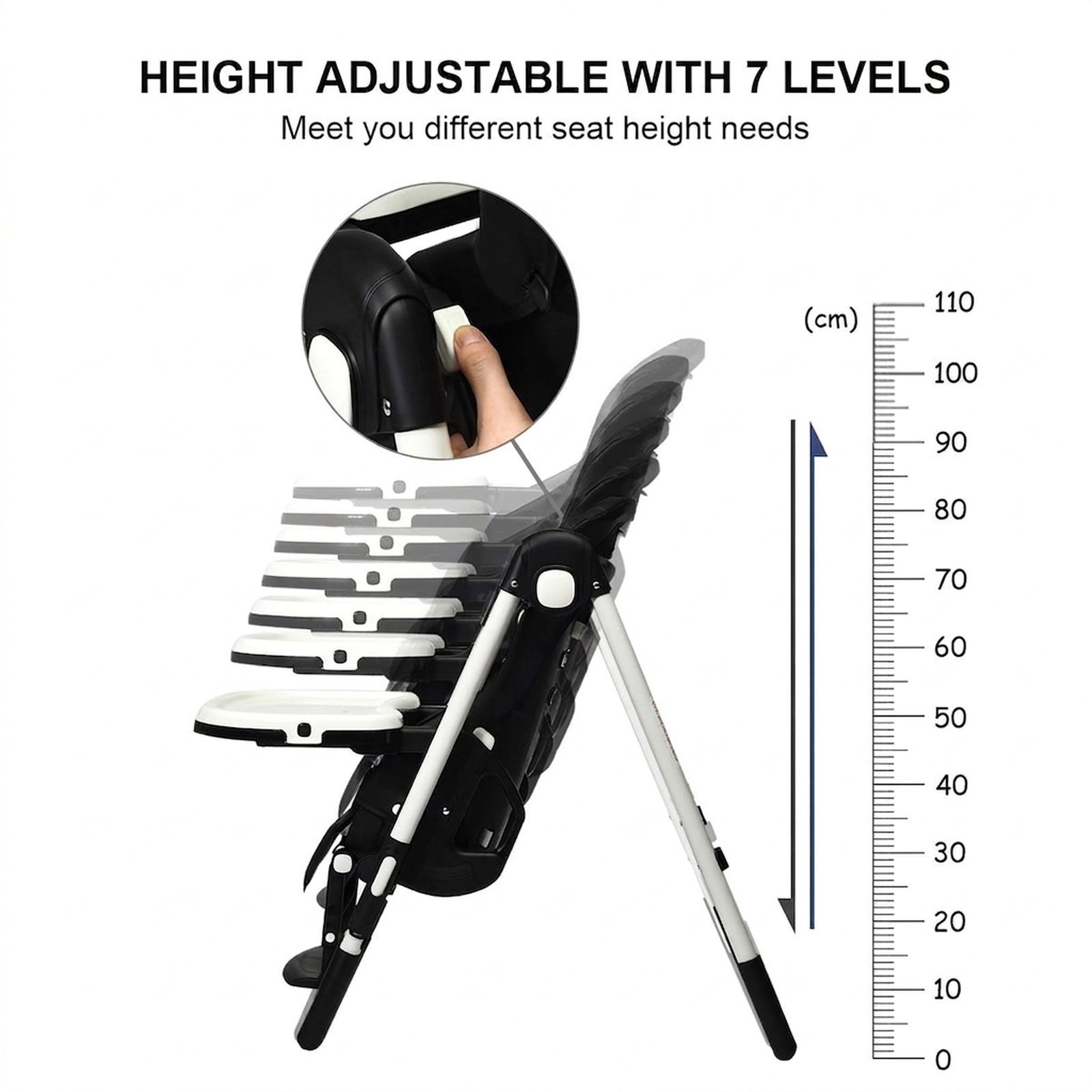 Foldable Baby High Chair Silent Rear Wheels 7 Adjustable Heights 5-Position Recline for Babies and Toddlers Black