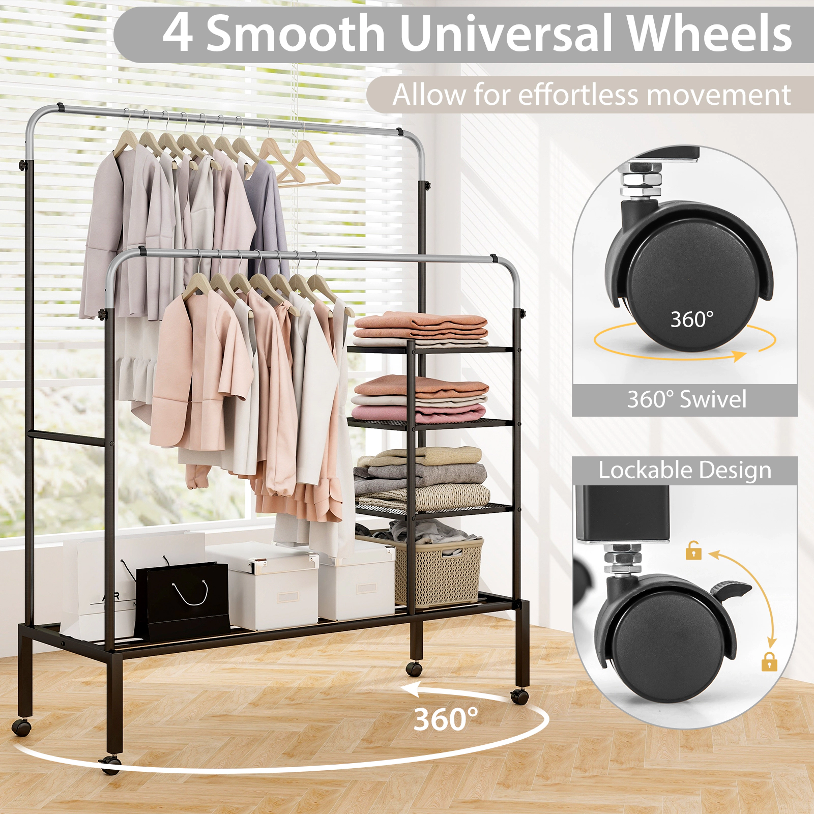 SlickBlue Adjustable Garment Rack with Shelves and Wheels