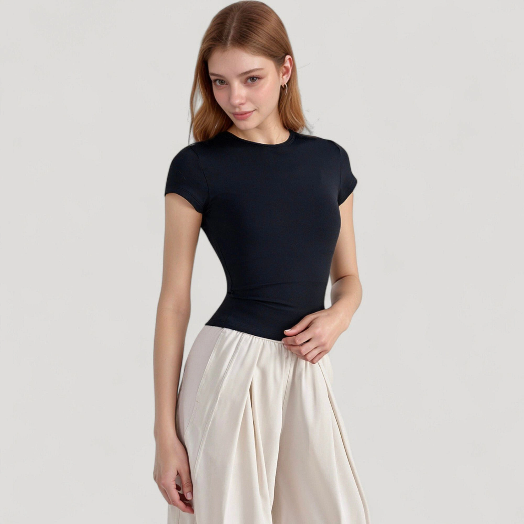 Anna-Kaci Women's Short Sleeve Fitted Crew Neck Top with Stretch Fabric for a Sleek and Comfortable Everyday Look