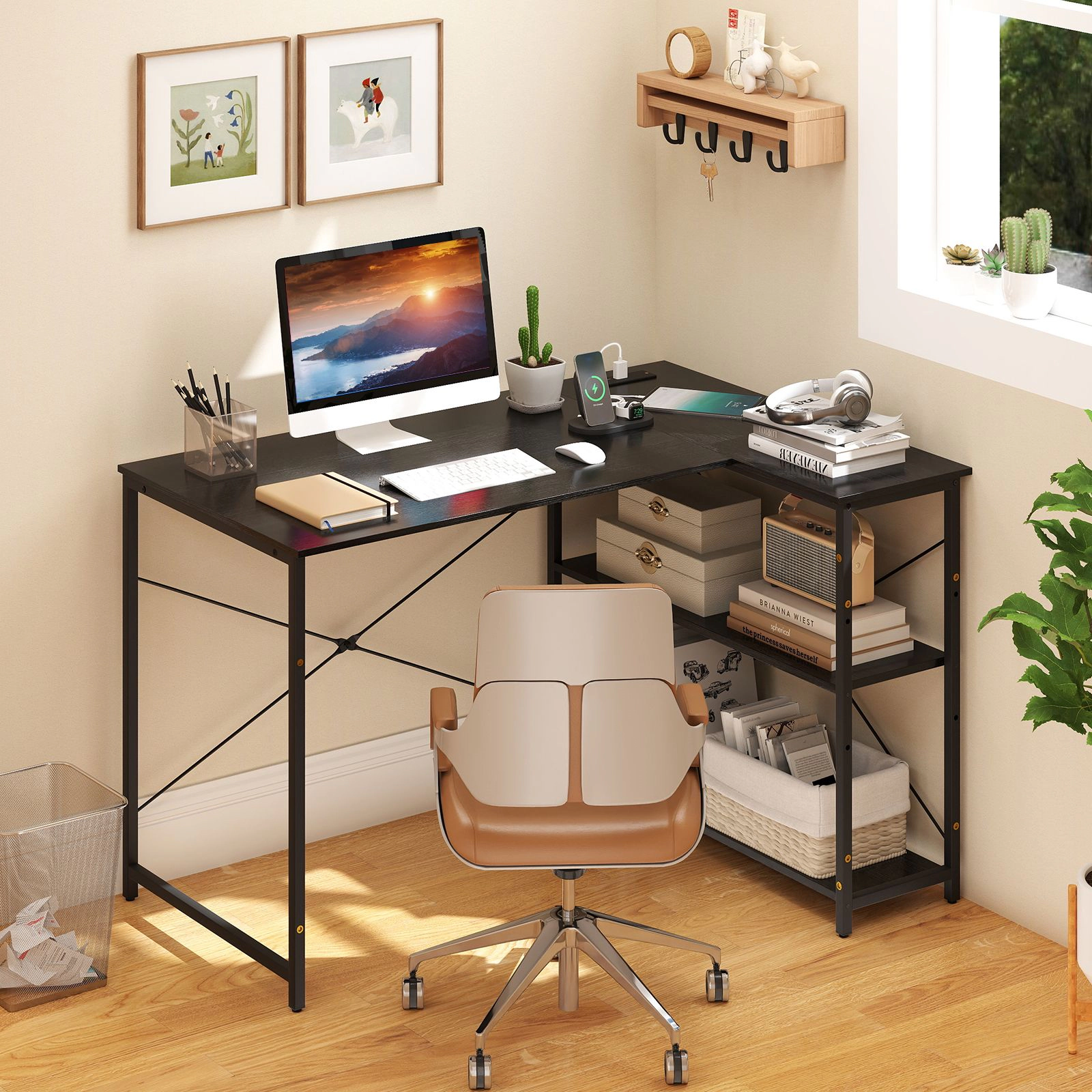 SlickBlue L Shaped Computer Desk with Power Outlet Storage Shelves