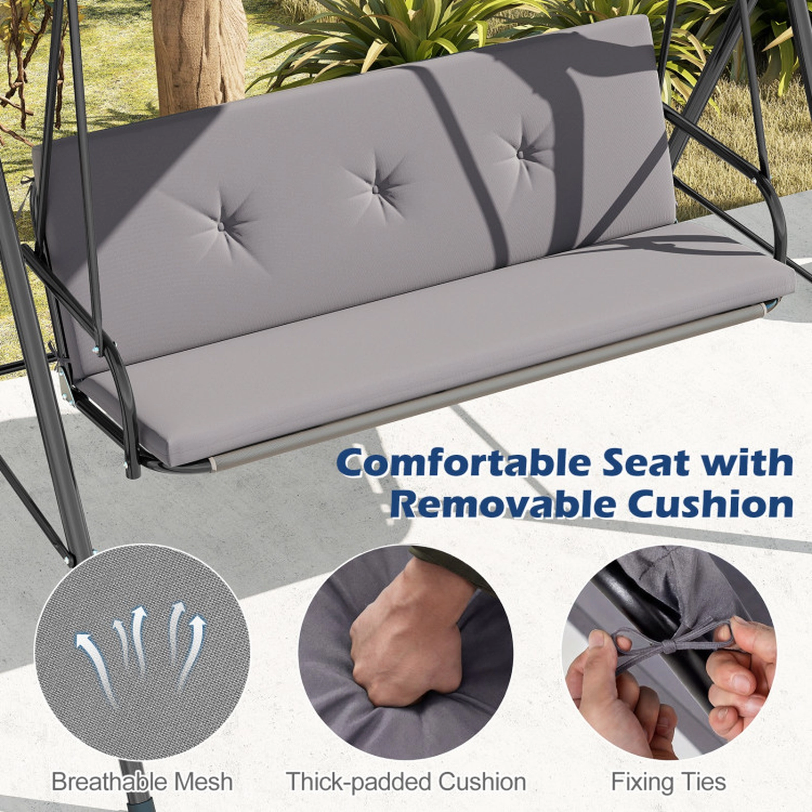SUGIFT Gray Adjustable Canopy Removable Cushion and Metal Stand Patio Swing Chair