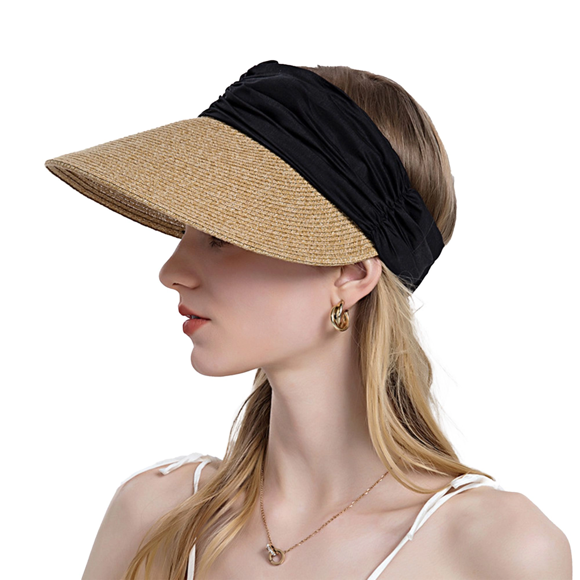 Anna-Kaci Womens Straw Sun Visor Wide Brim Adjustable Elastic Band Lightweight Summer Hat