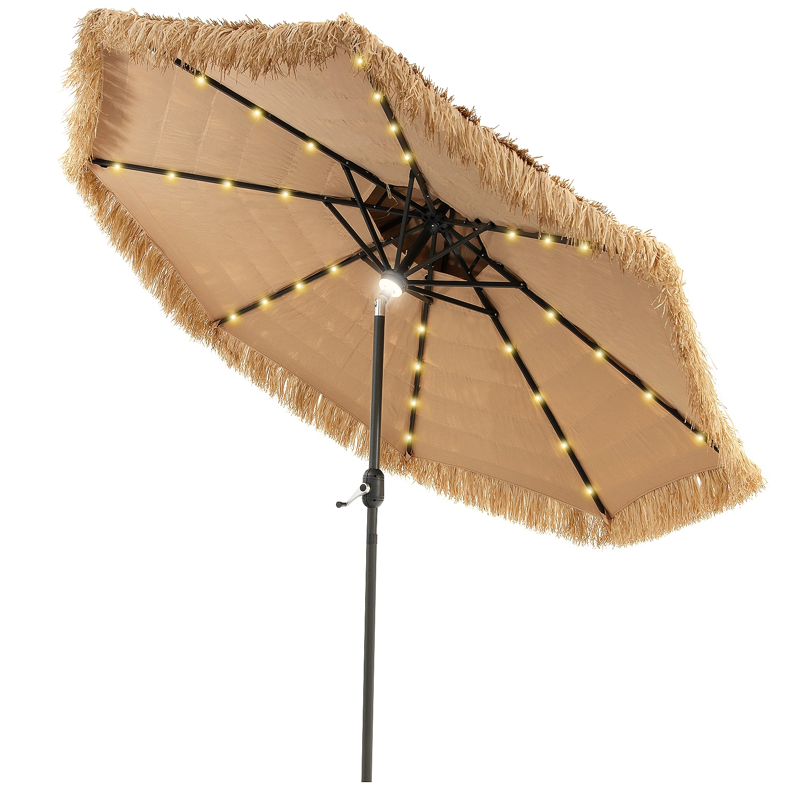 SUGIFT Natural 32 LED Lights and 8 Metal Ribs 9 FT Solar Thatched Tiki Patio Umbrella