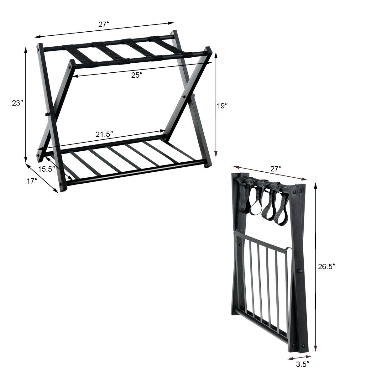 SUGIFT Folding Metal Luggage Racks with Removable Bottom Shelf 130-lb Capacity Black and White