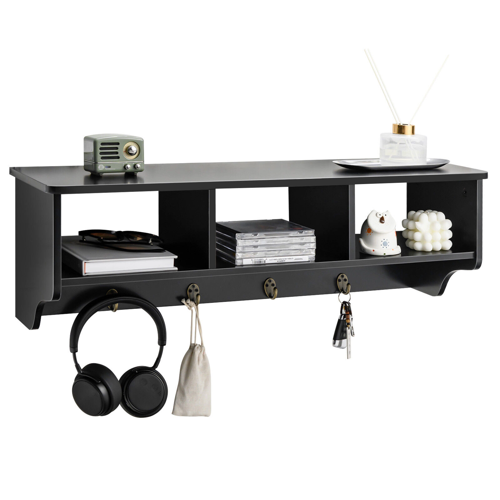 SUGIFT Black 31-in Wide Wall Mount Entryway Coat Rack Cubby Organizer with 4 Hooks and Display Shelf