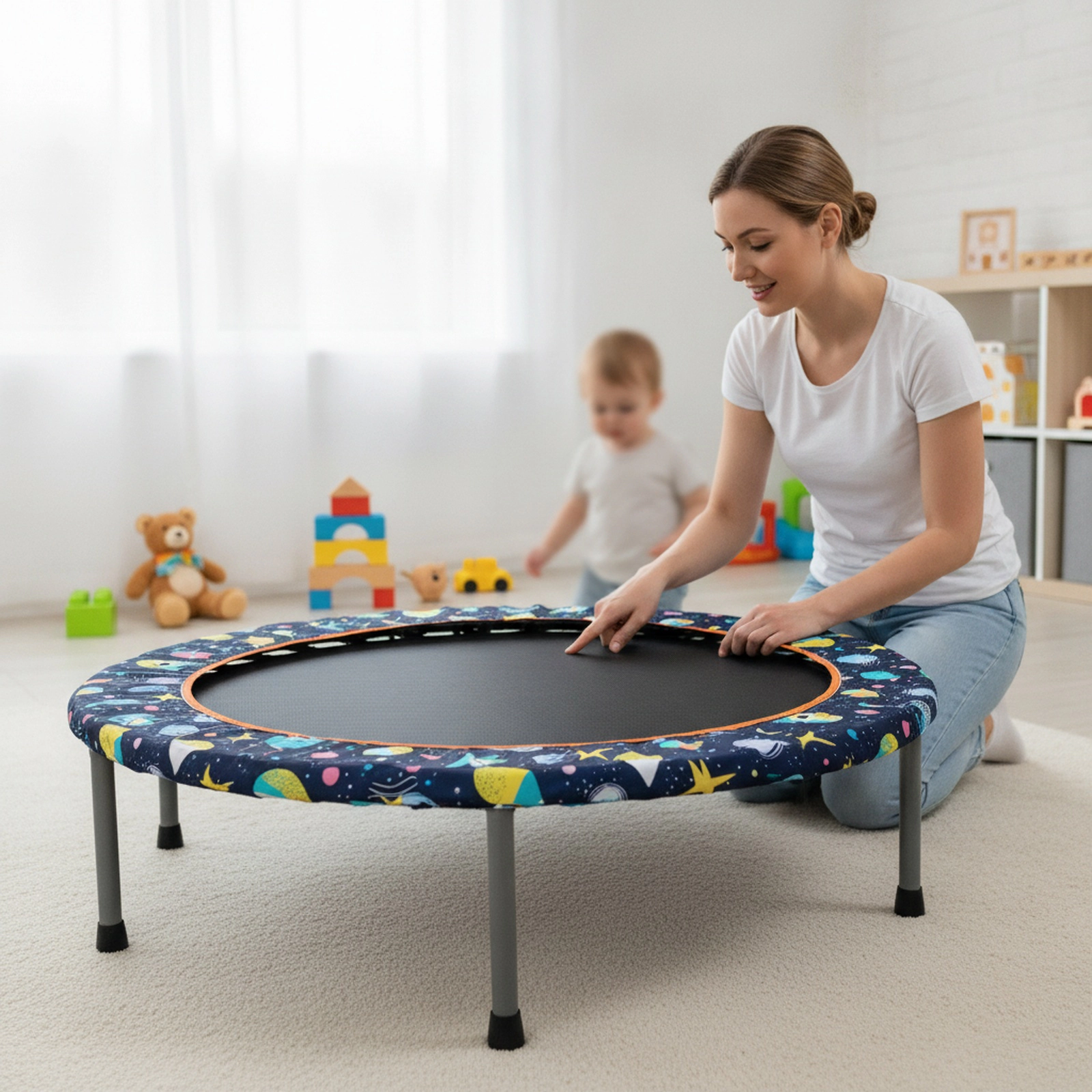 36-in Toddler Trampoline Bluetooth Speaker LED Lights Foam Handle Quiet Bungee Bounce Multicolor Ages 3+