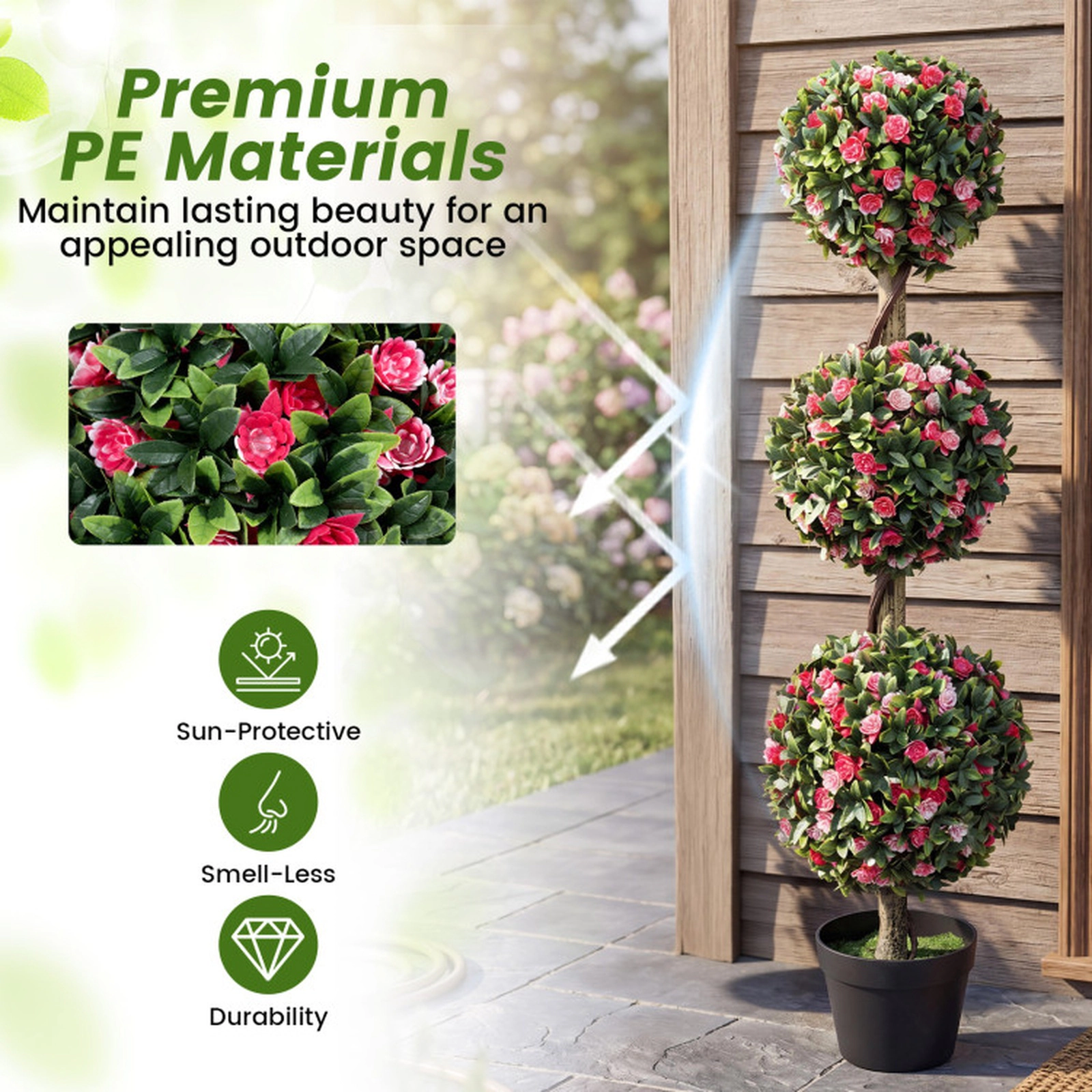 SUGIFT 46.5-in Artificial Triple Ball Rose Topiary Tree with Lifelike Pink Blooms and Cement-Filled Pot