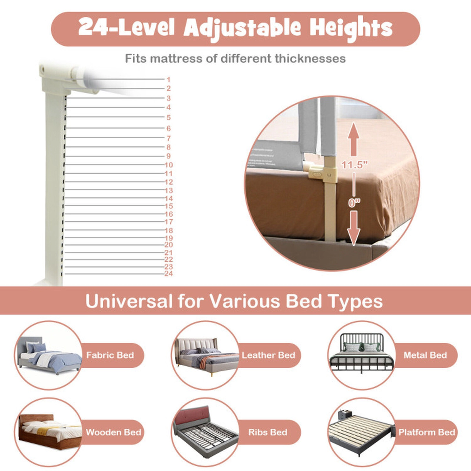 SUGIFT Toddler Vertical Lifting Double Lock 24 Adjustable Heights Mesh Baby Bed Rail 77-in x 10-in x 40-in Gray