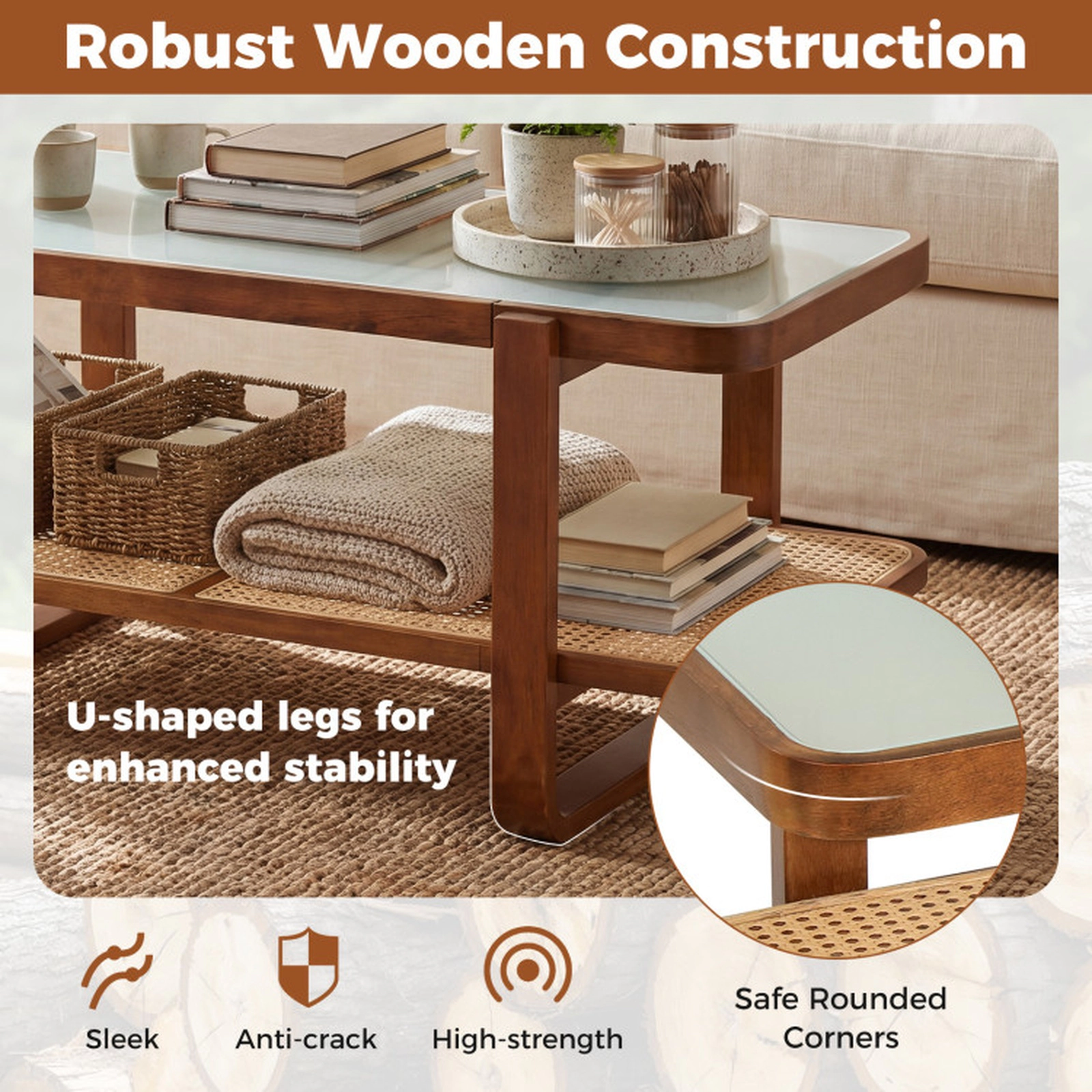 SUGIFT 2-Tier Rattan Coffee Table with Tempered Glass Top and Storage Shelf 41.5 x 20 x 18 in 220-lb Capacity Walnut