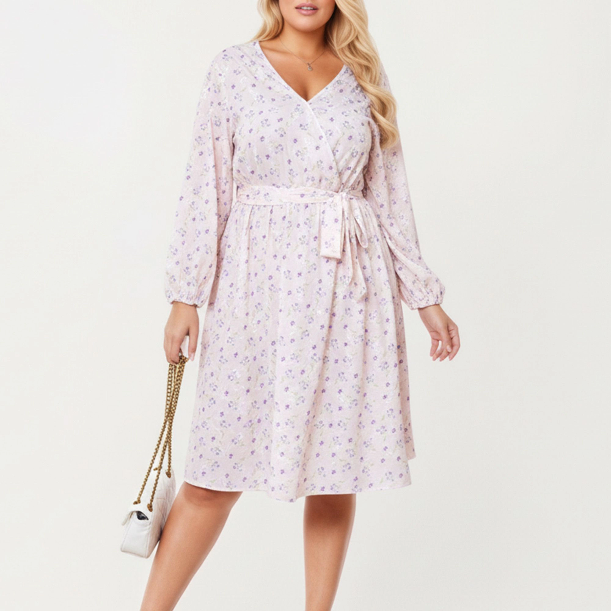 Anna-Kaci Women's Plus Floral Print Long Sleeve Wrap V Neck Adjustable Waist Tie Midi Dress