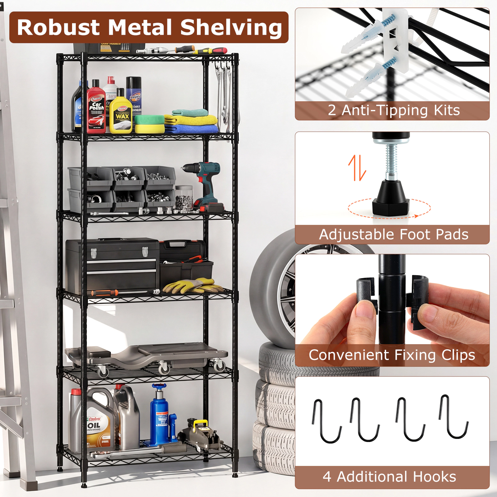 SUGIFT 6-Tier 900-lb Capacity Metal Storage Shelving Unit with V-Shaped Wire Rack and 4 Removable Hooks
