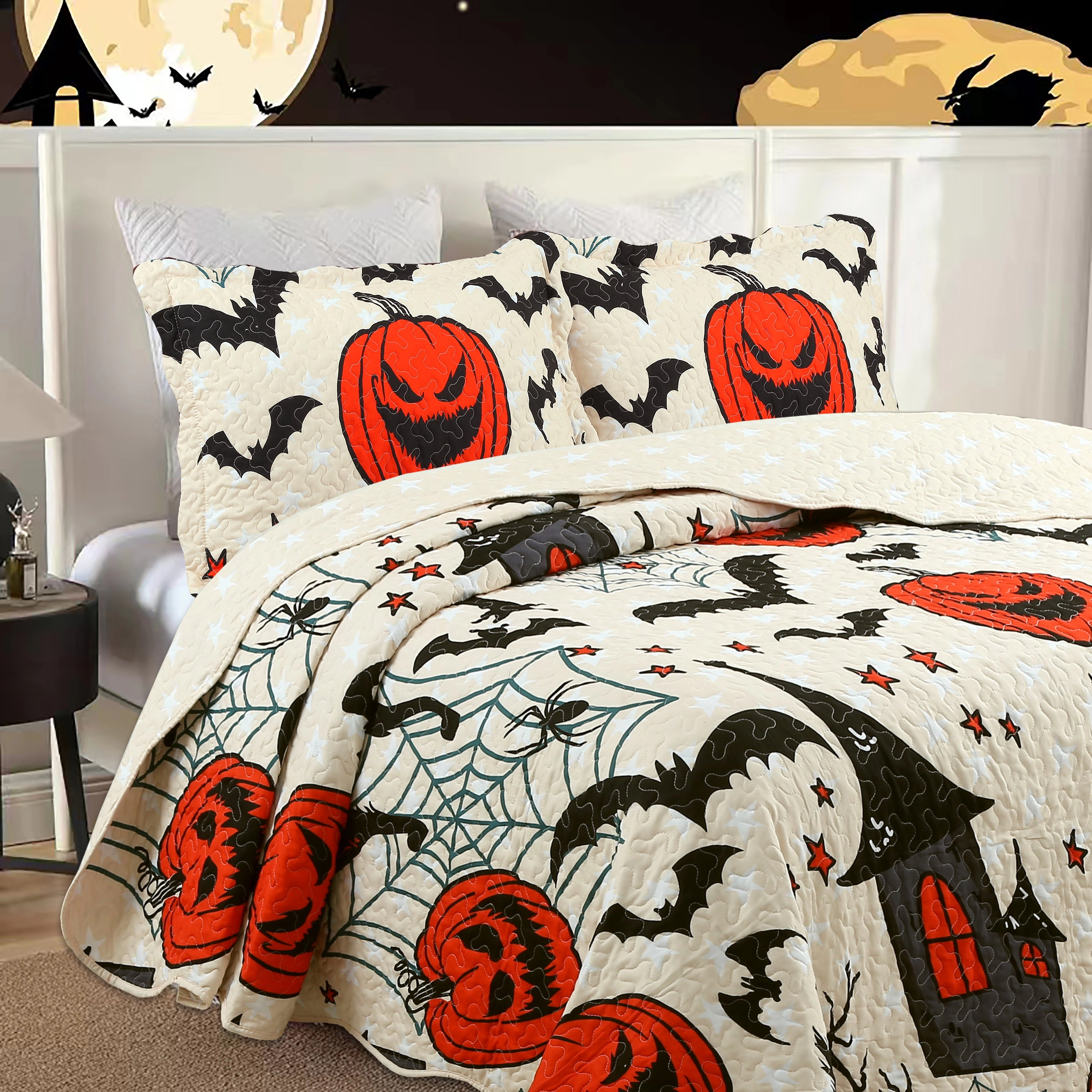MarCielo 2/3 Piece Halloween Quilt Set - Pumpkin & Bat Print Bedspread