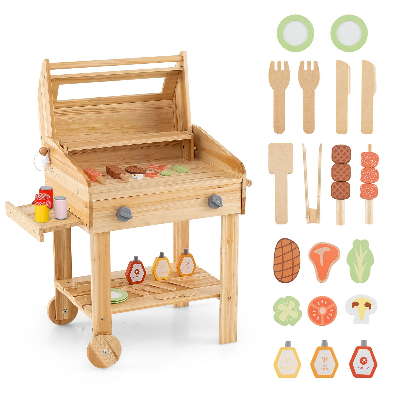 LJG Kids Wooden Barbecue Grill Playset Pretend Kitchen with Food and Wheels