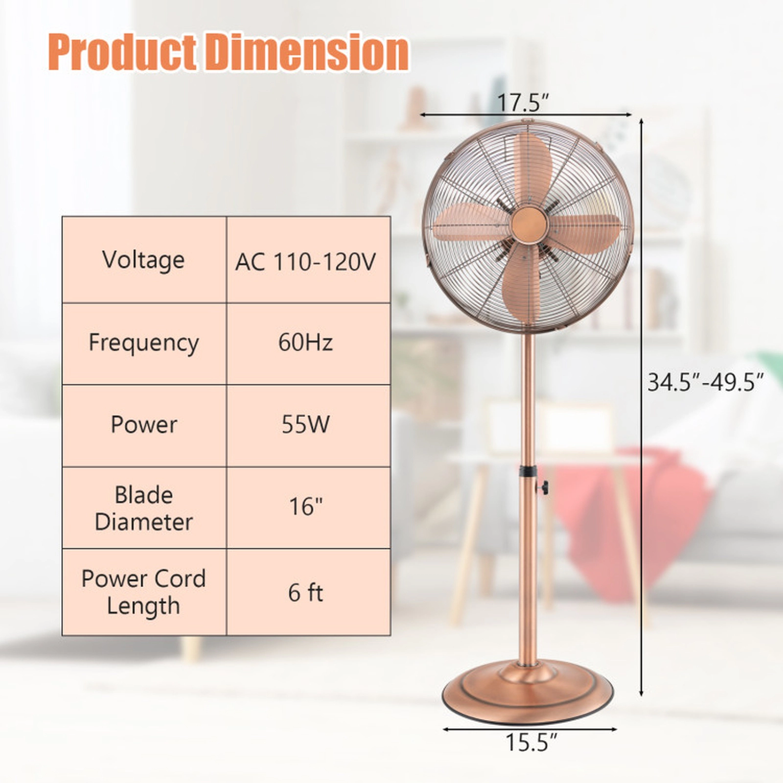 SUGIFT 16-in Copper Oscillating Pedestal Standing Fan with 3 Speeds 1400-CFM 17.5-in W 34.5-in to 49.5-in H