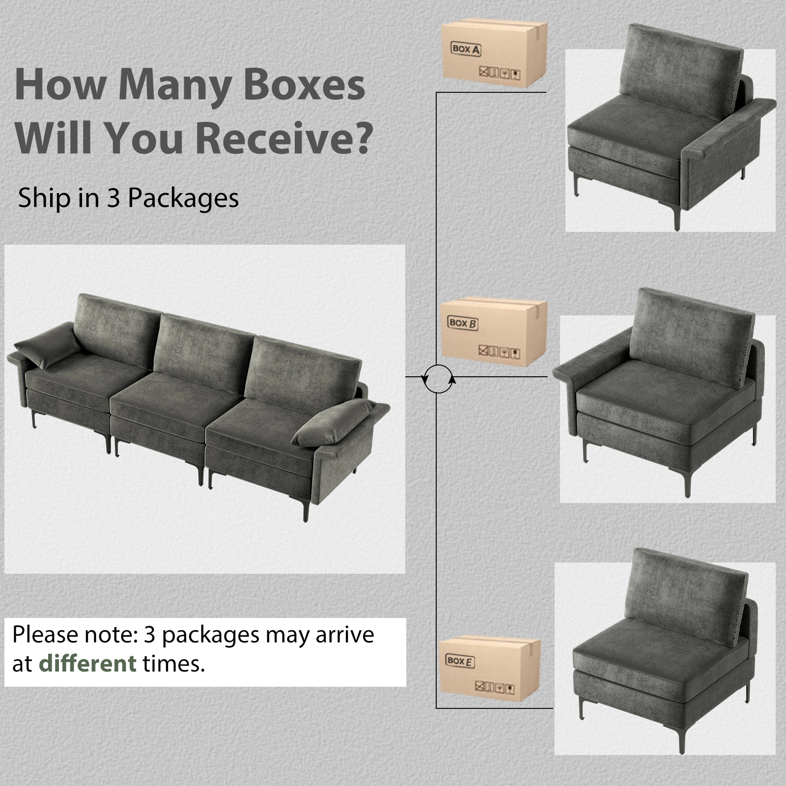 SUGIFT 100.5 in Sectional Sofa Gray Linen 3-Seat Couch with Metal Legs and 2 USB Ports