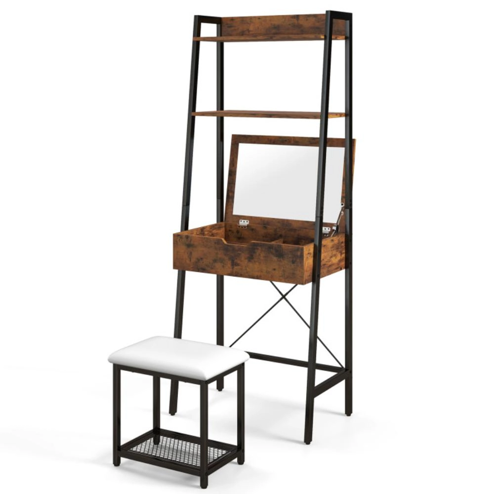 Hivvago Ladder Vanity Desk Set With Flip Top Mirror And Cushioned Stool