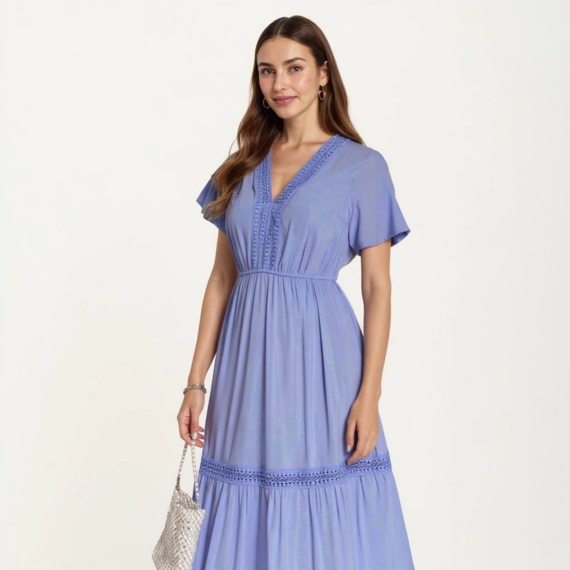 Anna-Kaci Women's Short Sleeve V Neck Tiered Skirt Detail Relaxed Fit Flowy Silhouette Maxi Dress