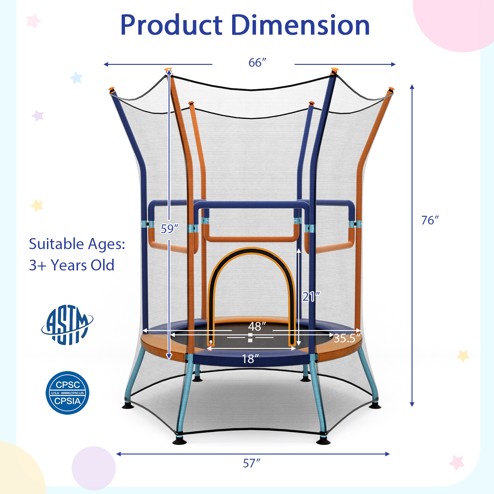 Mini Trampoline Kids Safety Enclosure Net Padded Foam Handrails 35.5-in Jump Mat Ages 3-6 Orange Toddler Trampoline