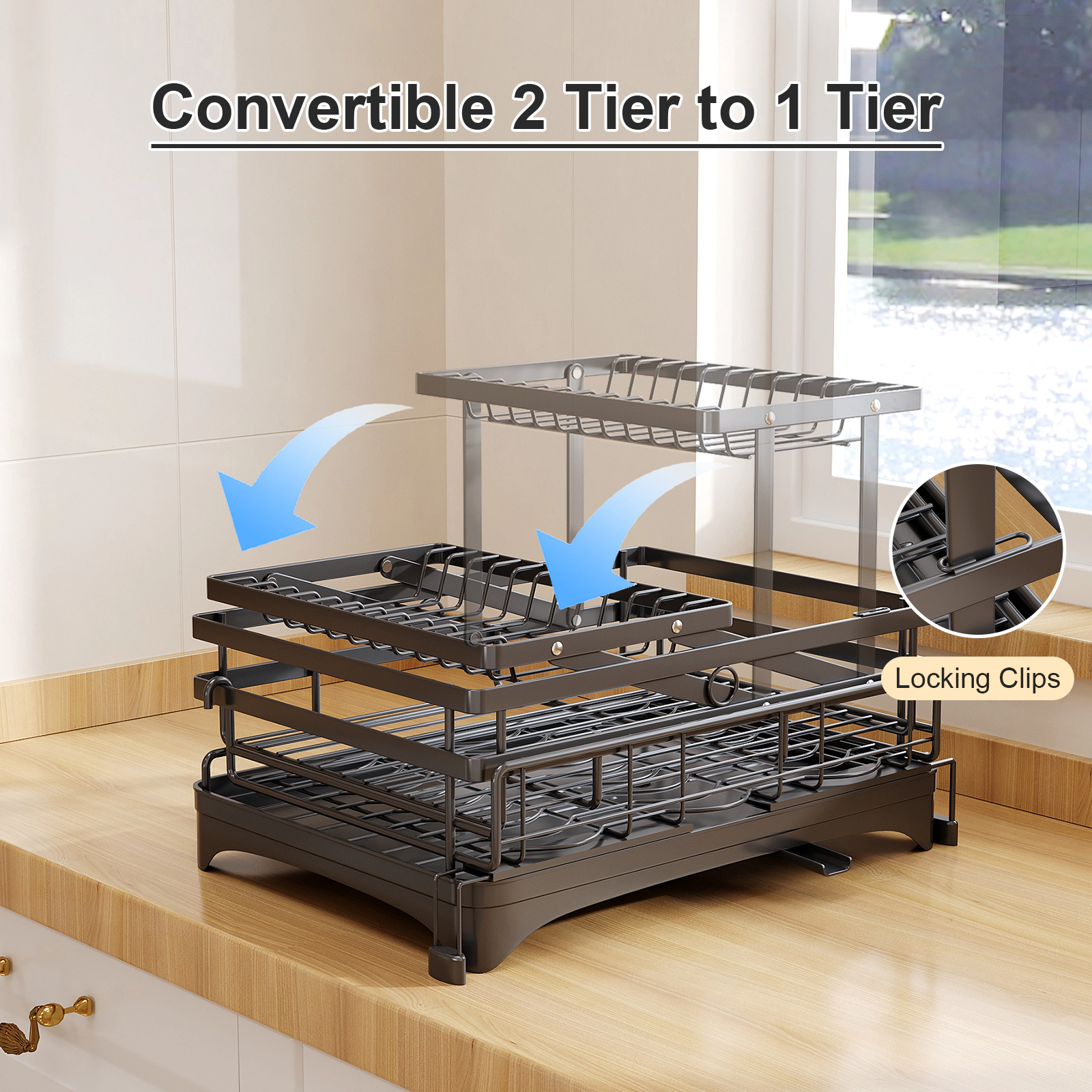 Mega Casa 2-in-1 Dish Drying Rack, Expandable 1 or 2 Tier Dish Strainer for Kitchen Counter