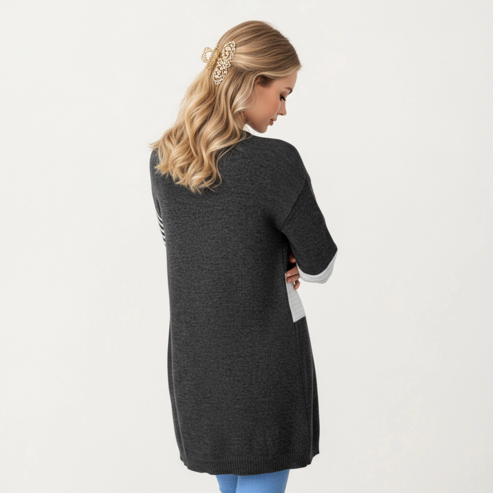 Anna-Kaci Women's Long Sleeve Color Block Striped Knit Cardigan with Front Pockets