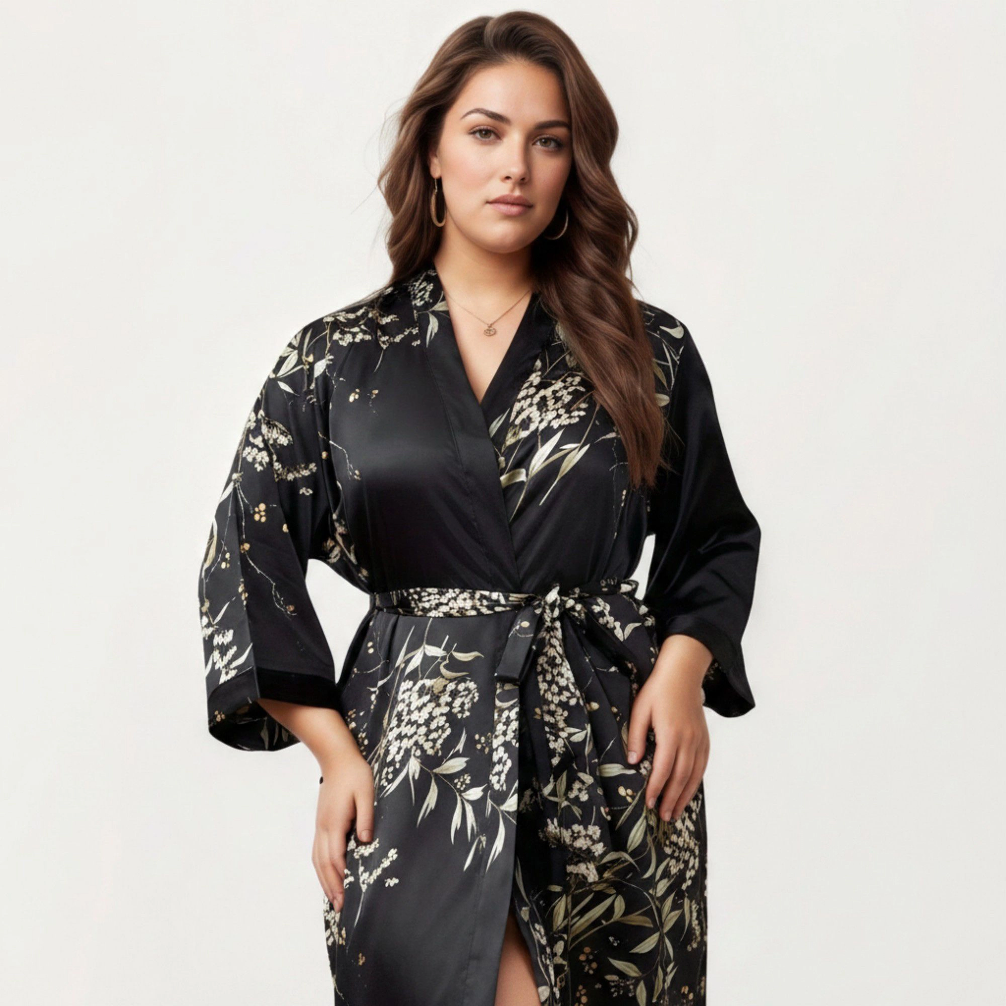 Anna-Kaci Women's Plus Satin Floral Kimono Robe with Self Tie Belt Longline Open Front Lightweight Sleepwear