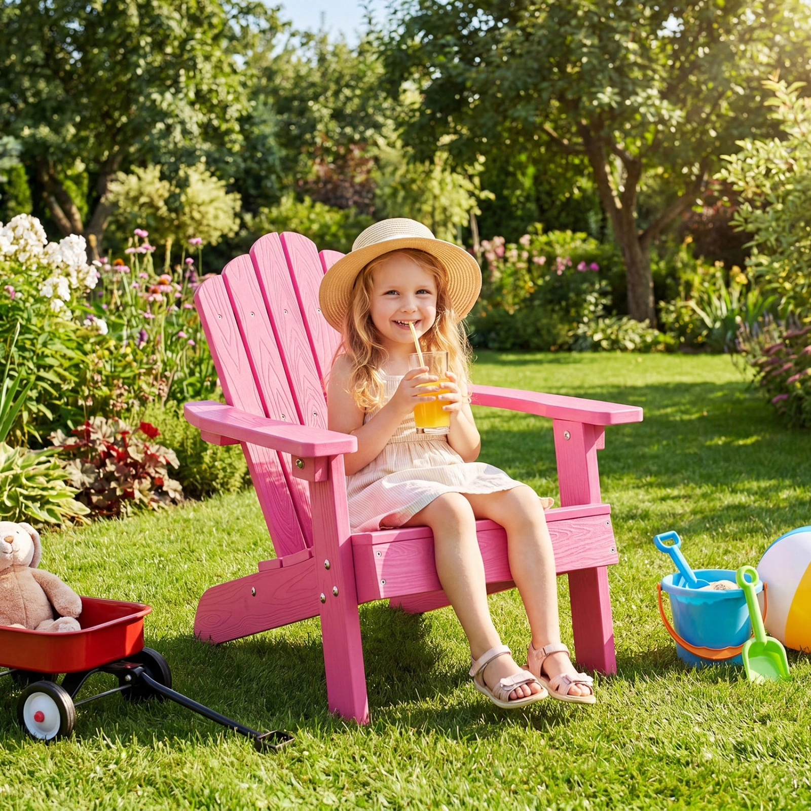 Kids Adirondack Chair All-Weather HIPS Plastic Outdoor Patio Lounge Chair with Tilted High Backrest and Wide Pink