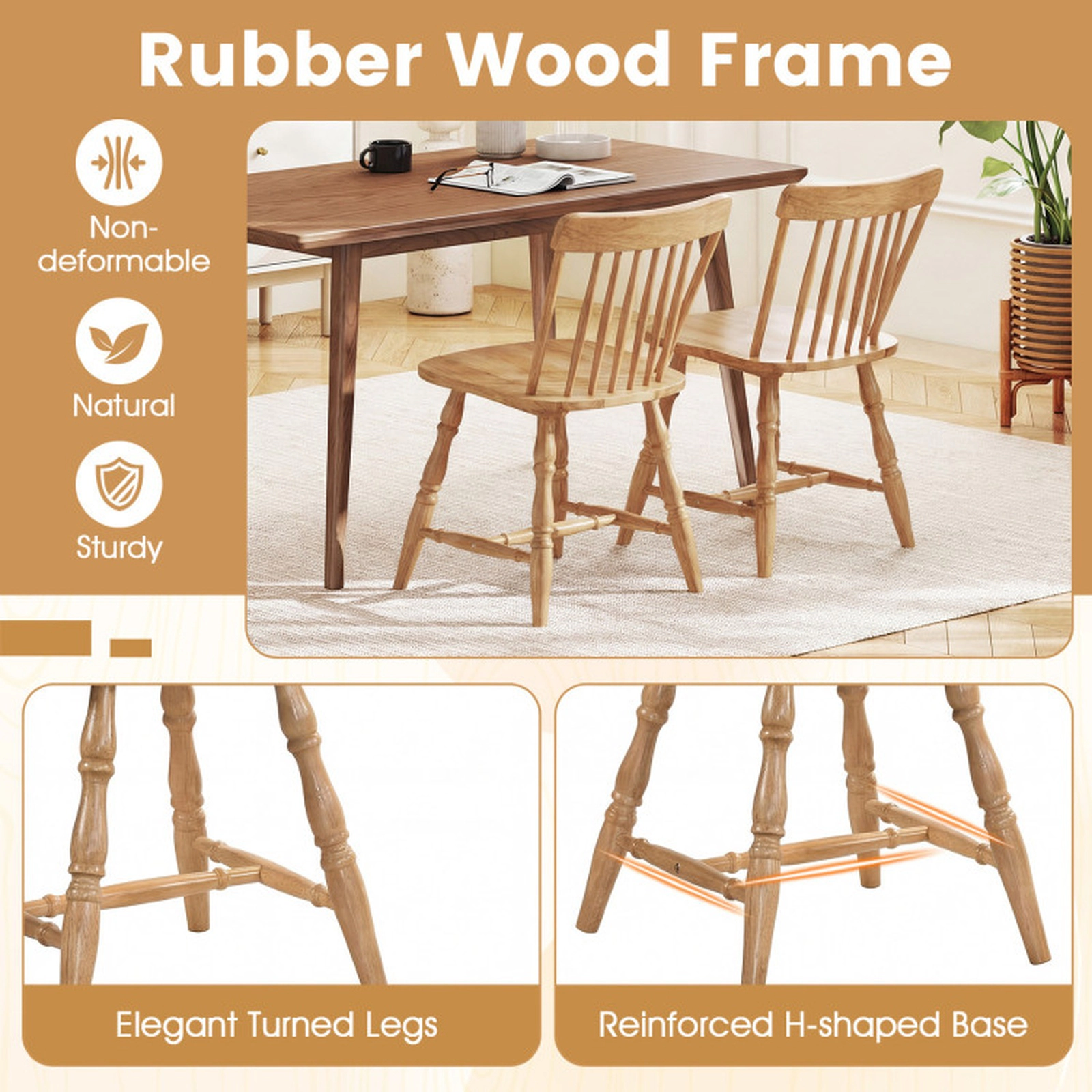 SUGIFT Curved Spindle Back Windsor Dining Chair Set of 2 Rubber Wood Frame 330-Lb Capacity 31.5-in Tall Black/Natural