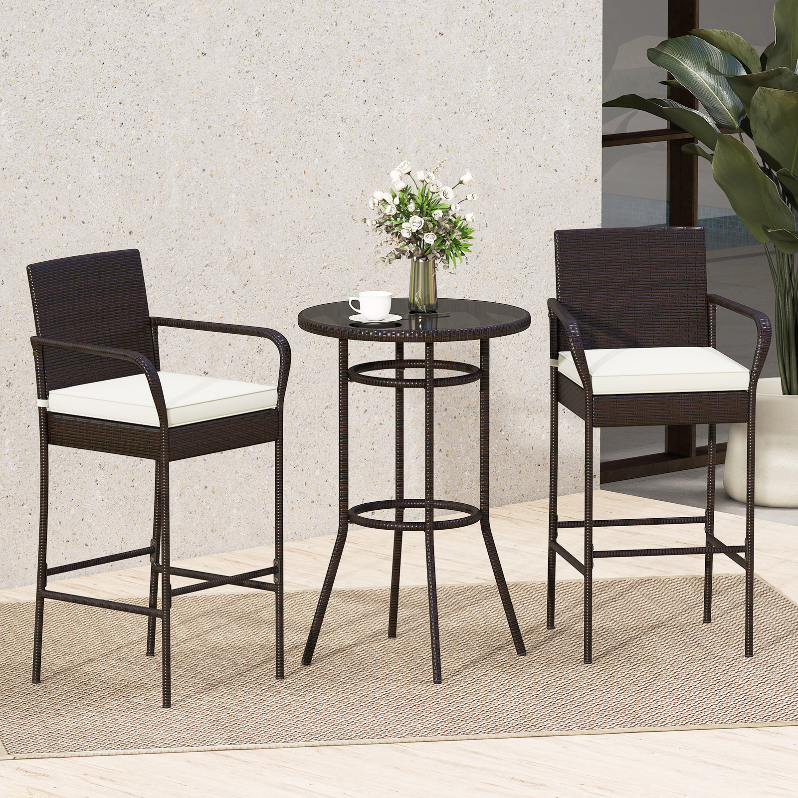 SUGIFT 3-Piece Outdoor Patio Wicker Bar Set, Glass-Top Table and 2 Rattan Bar Chairs